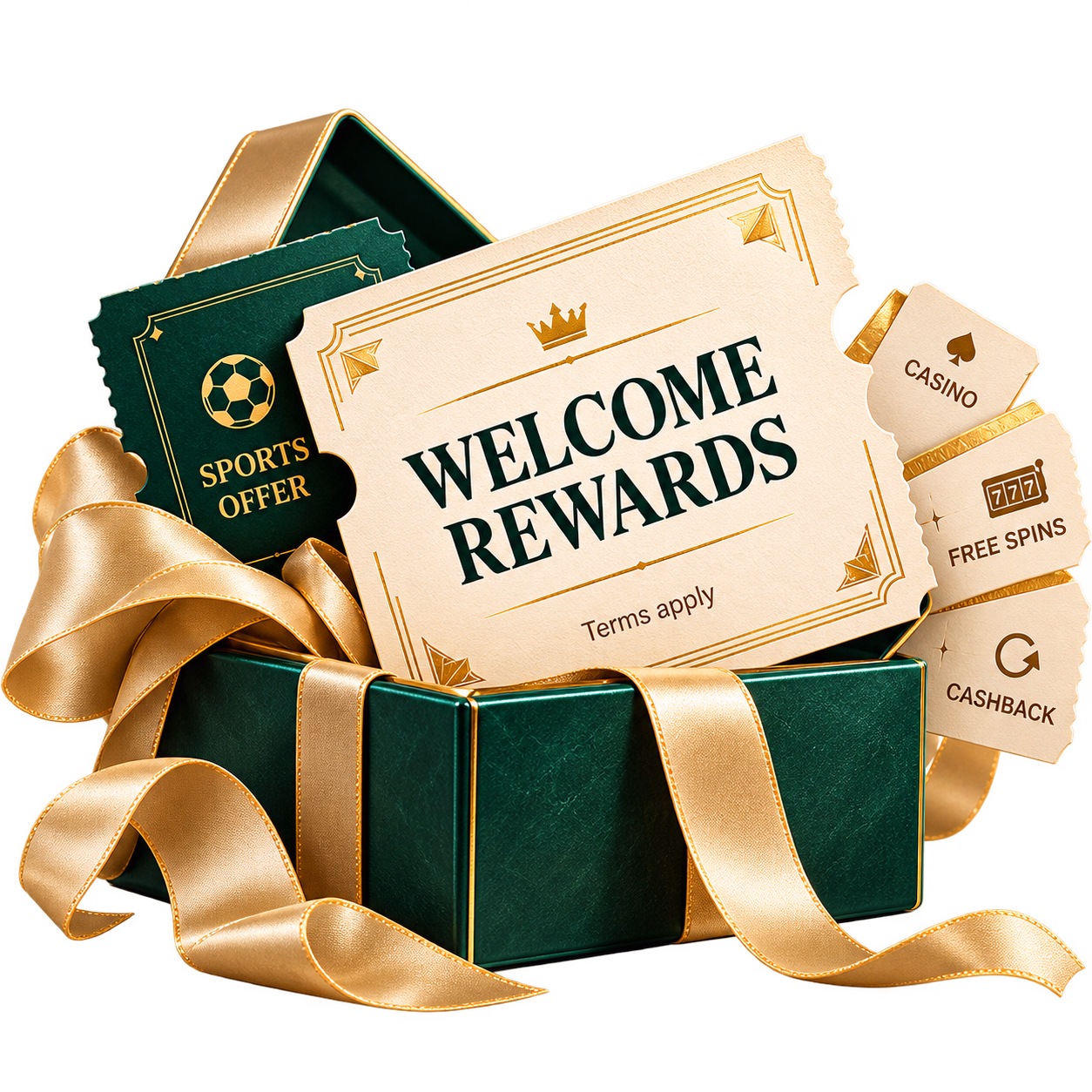 Rajabets Welcome Rewards gift box with golden ribbons and promotional tickets for sports, casino, free spins, and cashback